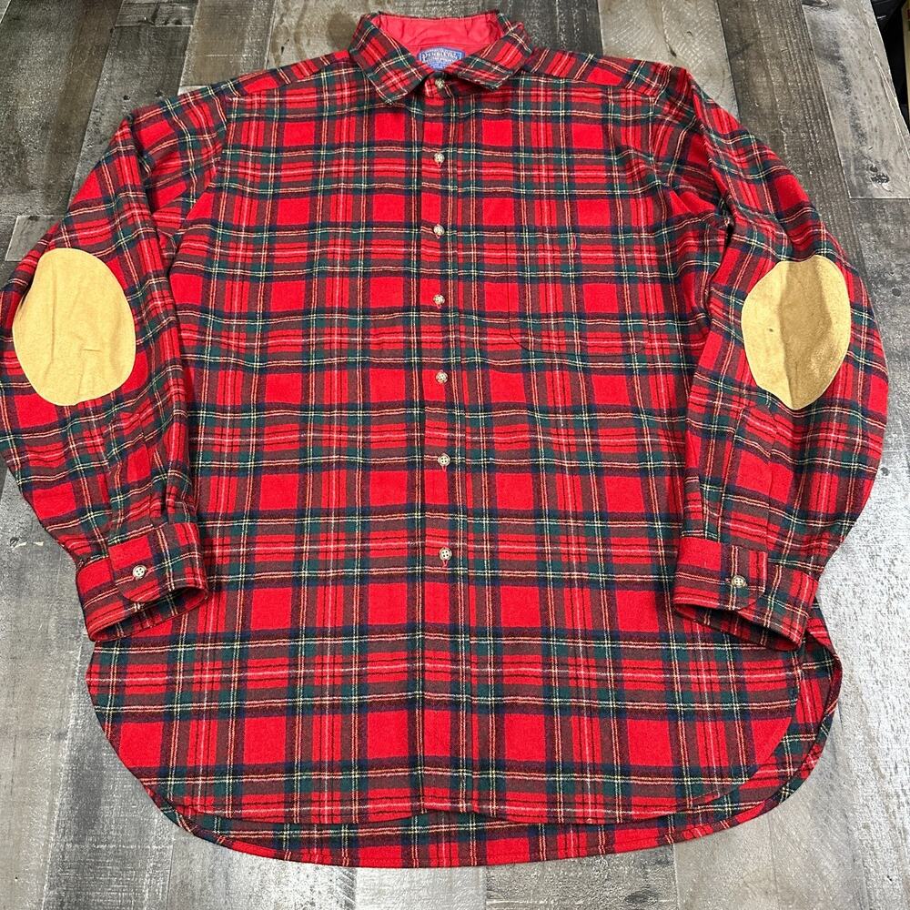 Pendleton Trail Shirt Mens XL Wool Red Blue Plaid Button Up Elbow Patch‎ Hiking